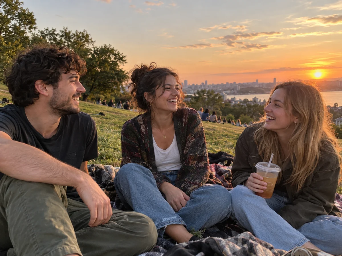 Friends catching up together in a park at sunset